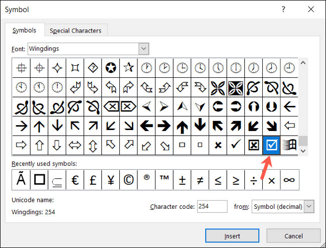 Wingdings254-ExcelCheckMark كيفية إدراج علامة اختيار في Microsoft Excel
