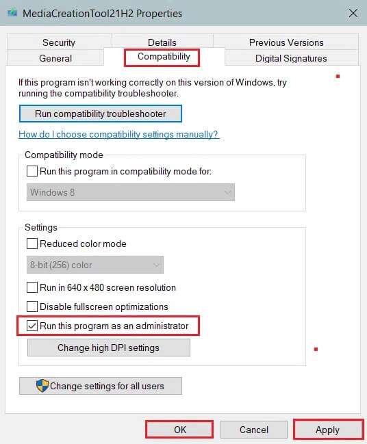 check-run-this-program-as-administrator-option-in-compatibility-tab-of-Windows-media-creation-tool-properties-536x649 إصلاح عدم عمل أداة إنشاء وسائط Windows