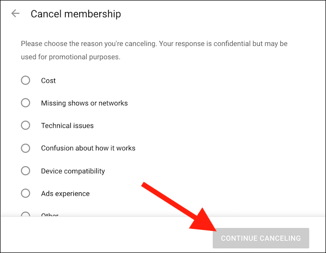 choose-an-option-for-canceling-and-then-click-the-continue-canceling-button كيفية إلغاء (أو إيقاف) اشتراكك في YouTube TV