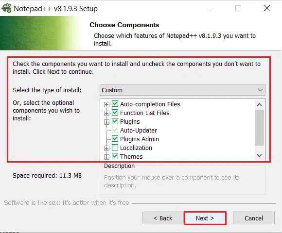 choose-custom-components-and-click-on-Next-in-Notepad-installation-wizard-580x480 كيفية إضافة البرنامج المساعد Notepad ++ على Windows 10
