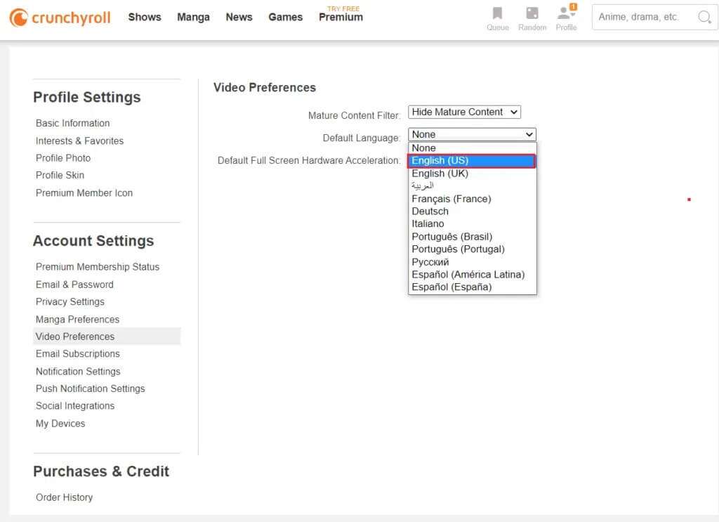 choose-default-language-in-Crunchyroll-webpage-settings-1024x743-1-1024x743 كيفية إصلاح عدم عمل Crunchyroll