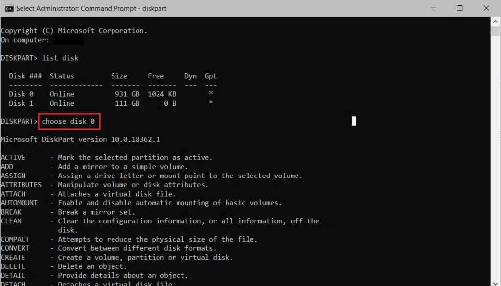 choose-disk-in-cmd-or-command-prompt-diskpart-1024x585-1-1024x585 إصلاح عدم ظهور القرص الصلب في Windows 10