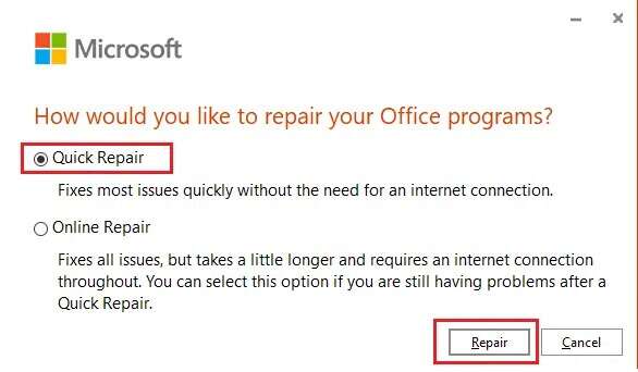 choose-quick-repair-and-click-on-the-repair-button-586x342 إصلاح عدم فتح تطبيق Outlook في Windows 10