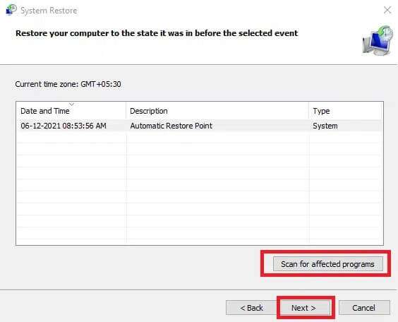 choose-the-restore-point-and-click-scan-for-affect-564x456 7 طرق لإصلاح أخطاء شاشة الموت الزرقاء في iaStorA.sys على Windows 10
