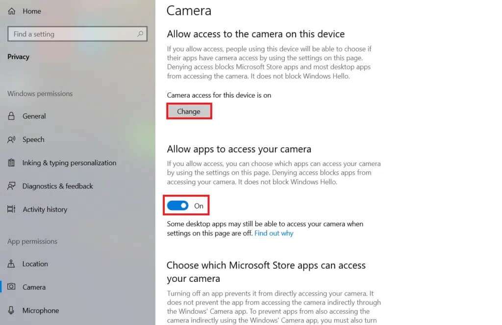 click-change-then-toggle-on-the-bar-under-allow-1024x664-1-1024x664 إصلاح عدم اكتشاف كاميرا الكمبيوتر المحمول في Windows 10