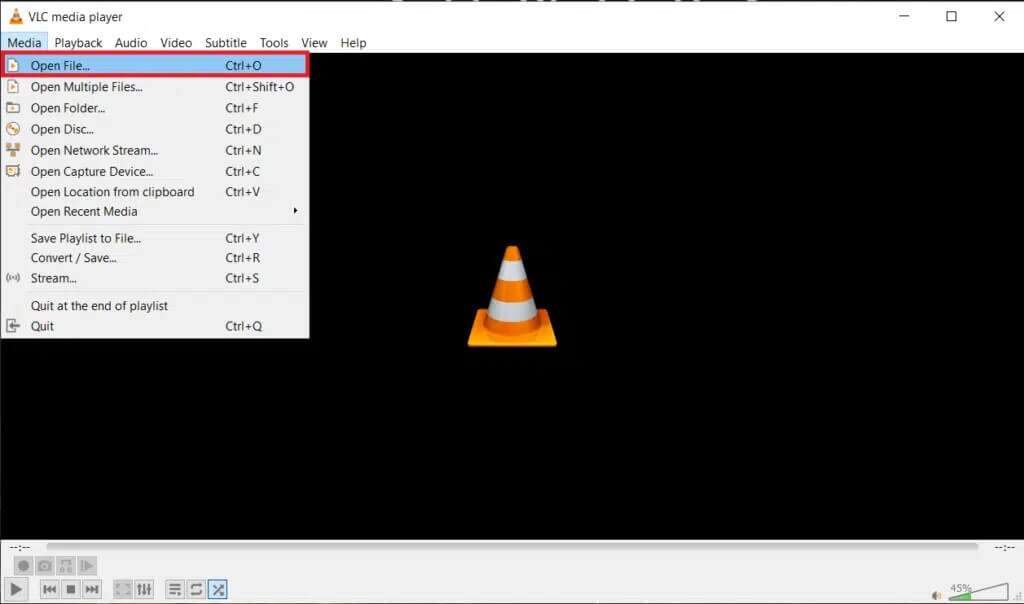 click-media-on-the-top-left-corner-and-choose-open-1024x604-1-1024x604 كيفية قص الفيديو في Windows 10 باستخدام VLC