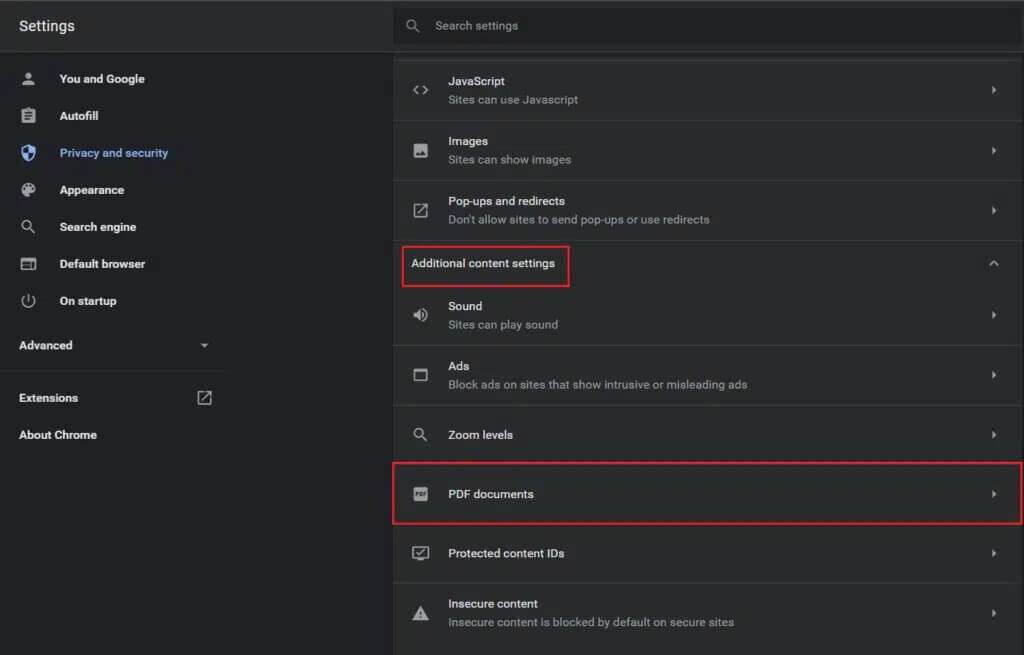 click-on-Additional-content-settings-and-select-PDF-documents-1024x655-1-1024x655 كيفية إصلاح عدم فتح ملفات PDF في Chrome