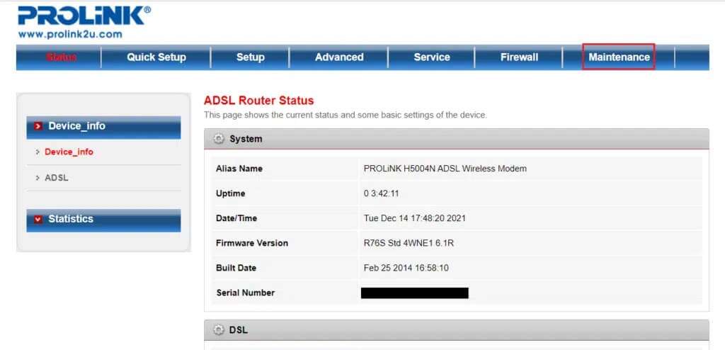 click-on-Maintenance-in-the-prolink-router-settings-1024x494-1-1024x494 إصلاح مشكلة عدم عمل محول Wi-Fi في Windows 10