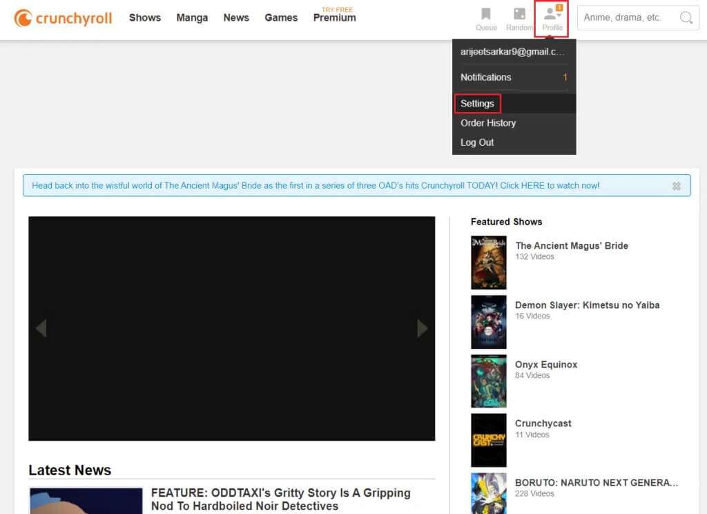 click-on-Profile-icon-then-select-Settings-in-Crunchyroll-homepage-1024x744-1-1024x744 كيفية إصلاح عدم عمل Crunchyroll