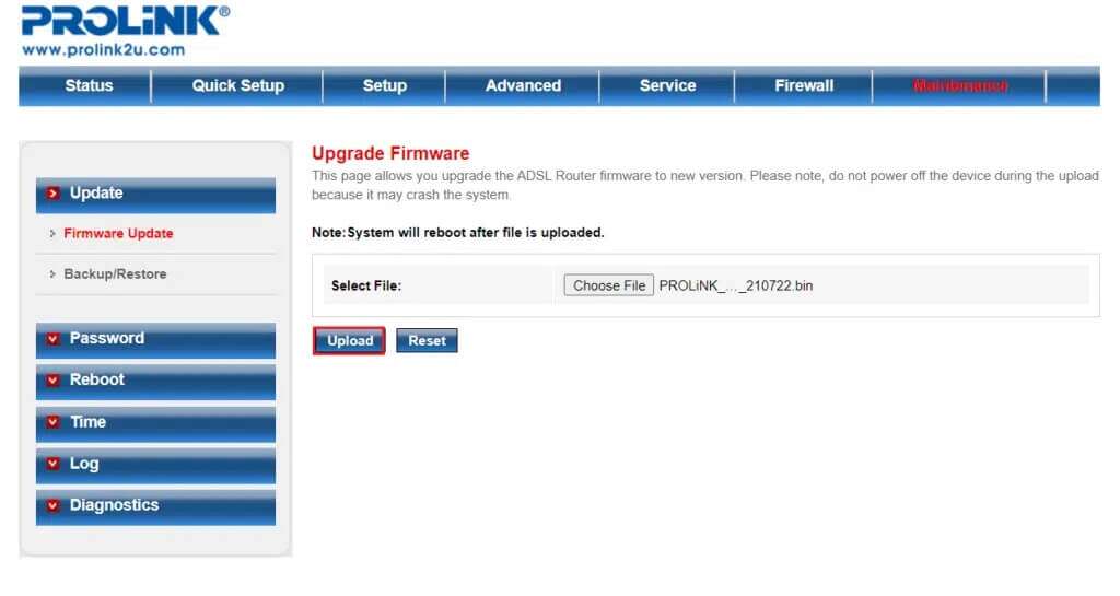click-on-Upload-button-in-Prolink-adsl-router-settings-1024x545-1-1024x545 إصلاح مشكلة عدم عمل محول Wi-Fi في Windows 10