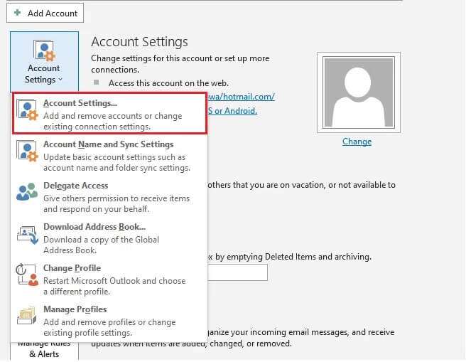click-on-account-settings-and-choose-account-setti-656x509 إصلاح عدم فتح تطبيق Outlook في Windows 10