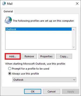 click-on-add...-to-start-creating-a-new-profile--346x407 إصلاح عدم فتح تطبيق Outlook في Windows 10