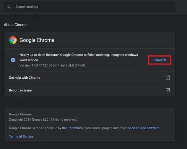 click-on-relaunch-to-finish-the-update-process-and-633x506 كيفية إصلاح عدم فتح ملفات PDF في Chrome