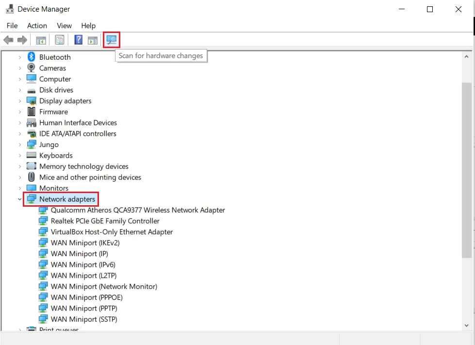 click-on-scan-for-hardware-changes-icon-and-check-network-adapters-979x711 إصلاح مشكلة عدم عمل محول Wi-Fi في Windows 10