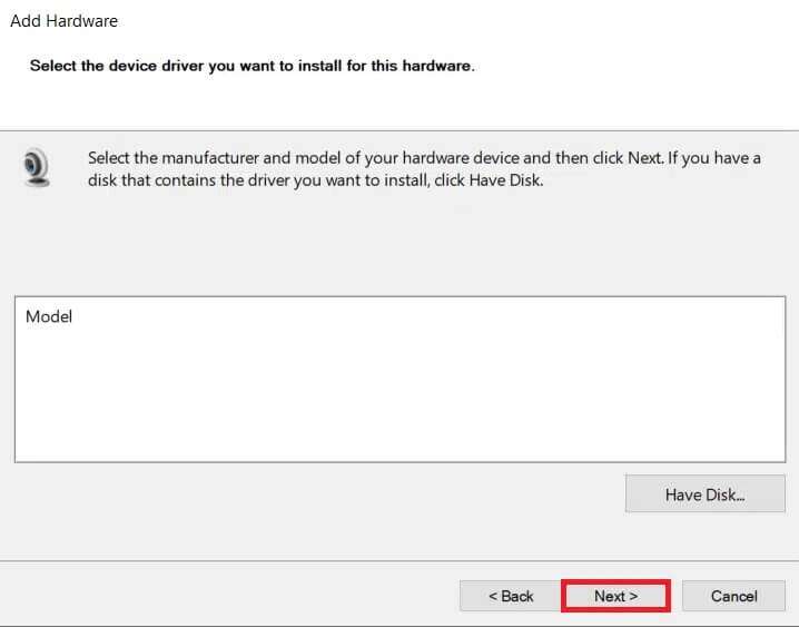 click-on-the-model-of-webcam-and-click-next--718x563 إصلاح عدم اكتشاف كاميرا الكمبيوتر المحمول في Windows 10
