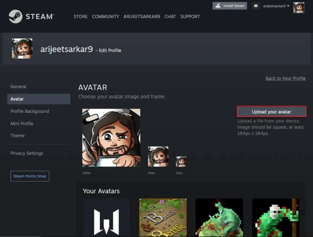 click-on-upload-your-avatar-in-Steam-Avatar-page-on-browser-1024x777-1-1024x777 كيفية تغيير صورة ملف تعريف Steam