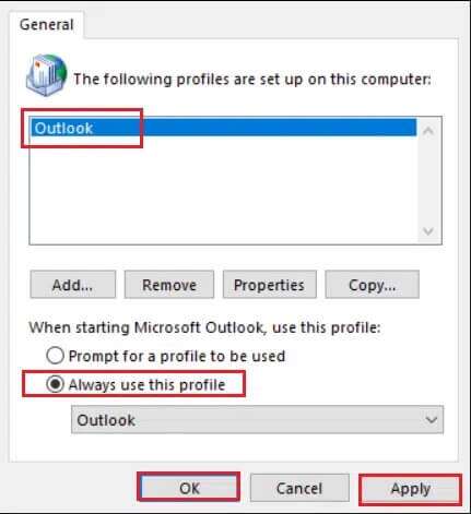 click-on-your-new-account-and-select-always-use-this-profile-option-and-click-on-Apply-then-OK-to-save-changes-431x471 إصلاح عدم فتح تطبيق Outlook في Windows 10