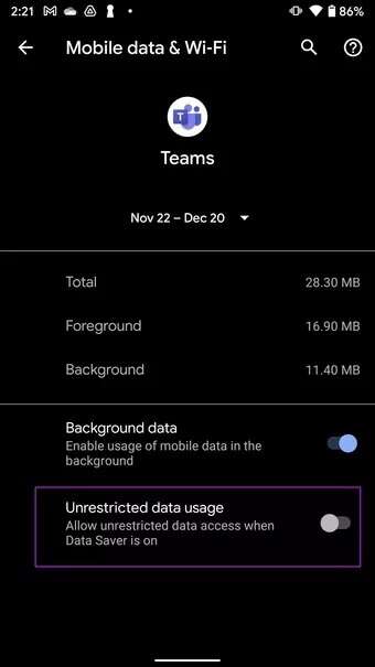 enable-unrestricted-data-usage-for-teams_7c4a12eb7455b3a1ce1ef1cadcf29289-340x605 أفضل 8 طرق لإصلاح عدم عمل إشعارات Microsoft Teams على Android