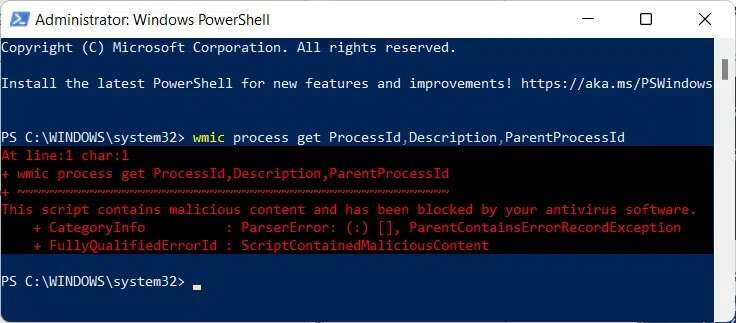 execute-wmic-process-get-ProcessIdDescriptionParentProcessId-powershell-win11-error-736x323 كيفية عرض العمليات الجارية في Windows 11