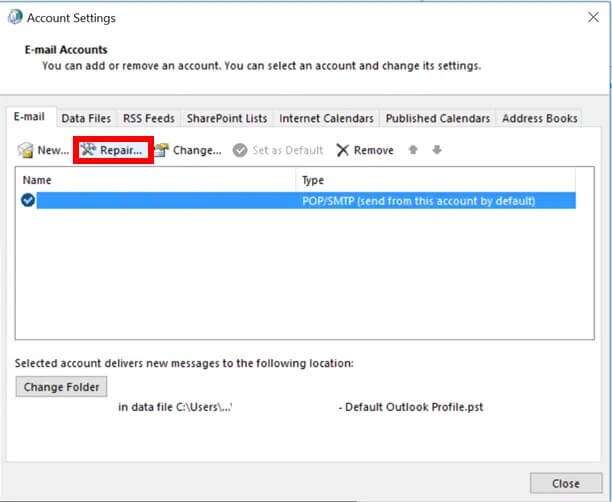 go-to-email-tab-and-click-repair-option--612x502 إصلاح عدم فتح تطبيق Outlook في Windows 10