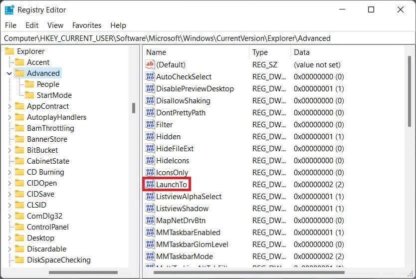 launchto-dword-value-in-registry-editor-834x559 كيفية تمكين أو تعطيل الوصول السريع في Windows 11