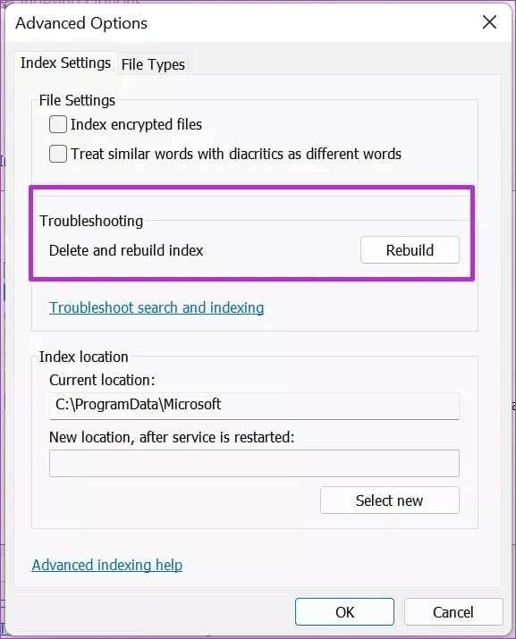 rebuild-search-index_4d470f76dc99e18ad75087b1b8410ea9-577x715 أفضل 7 طرق لإصلاح عدم عمل قائمة ابدأ في Windows 11