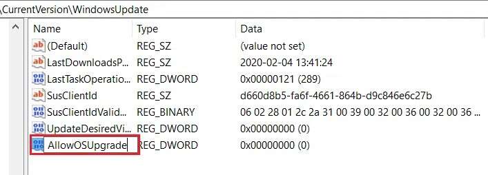 rename-the-created-value-to-AllowOSUpgrade-in-Registry-Editor-707x254 إصلاح عدم عمل أداة إنشاء وسائط Windows