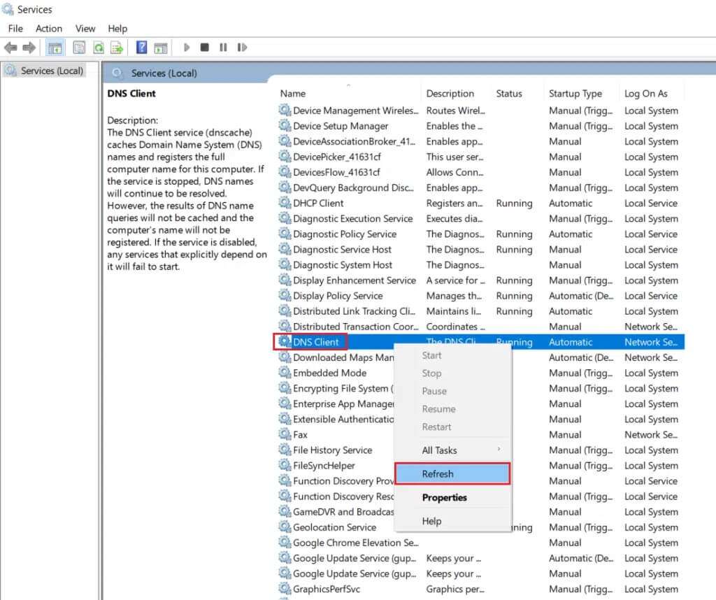 right-click-on-DNS-client-and-select-Refresh-in-Services-1024x858-1-1024x858 إصلاح خطأ عدم وجود تكوين IP صالح في Ethernet