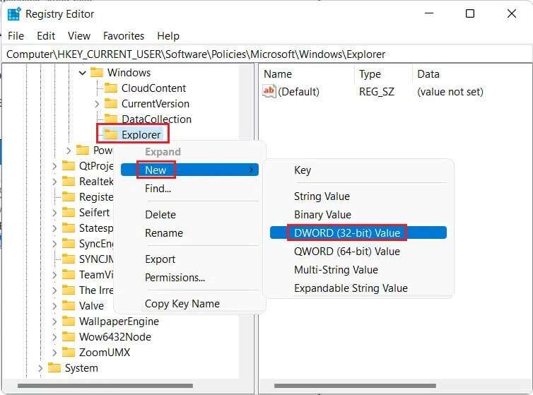 right-click-on-Explorer-and-select-New-then-click-on-DWORD-32-bit-Value-Windows-11-754x559 كيفية تعطيل البحث عبر الإنترنت من قائمة ابدأ في Windows 11
