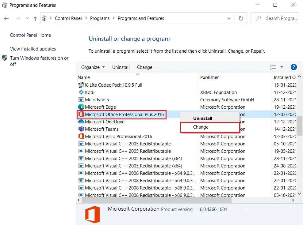 right-click-on-Microsoft-Office-and-select-Change-option-in-Programs-and-Features-988x735 إصلاح عدم فتح تطبيق Outlook في Windows 10