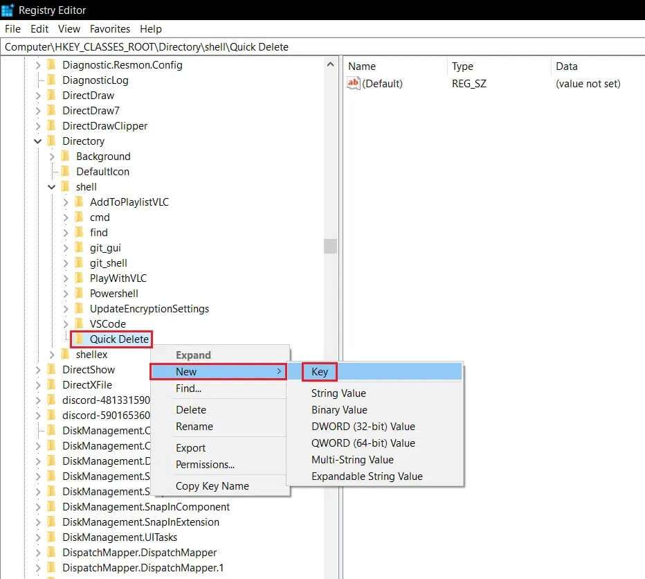 right-click-on-Quick-Delete-and-select-New-and-then-Key-option-in-Registry-Editor-932x836 كيفية حذف المجلدات والمجلدات الفرعية في PowerShell