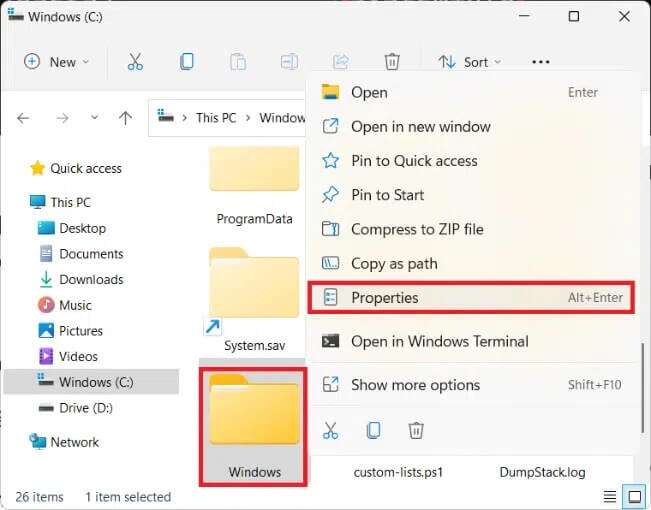 right-click-on-Windows-folder-and-select-Properties-Windows-11-651x510 كيفية التحقق من تاريخ تثبيت البرنامج في Windows