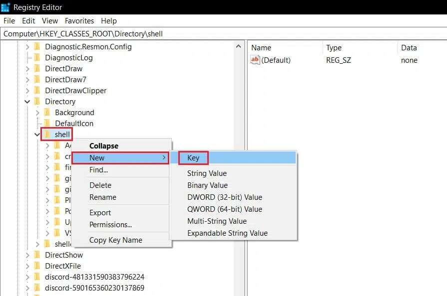 right-click-on-shell-folder-and-click-New-and-select-Key-option-in-Registry-Editor-895x594 كيفية حذف المجلدات والمجلدات الفرعية في PowerShell