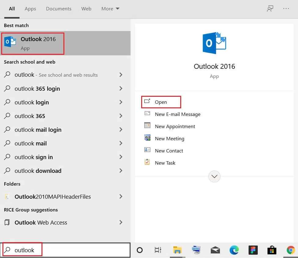 search-outlook-in-windows-search-bar-and-click-on-open-977x848 إصلاح عدم فتح تطبيق Outlook في Windows 10