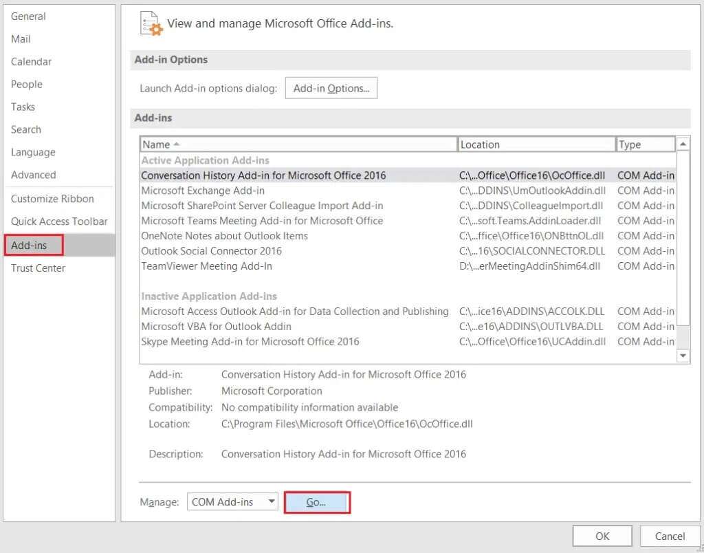 select-Add-ins-menu-option-and-click-on-GO-button-in-Outlook-Options-1024x804-1-1024x804 إصلاح عدم فتح تطبيق Outlook في Windows 10