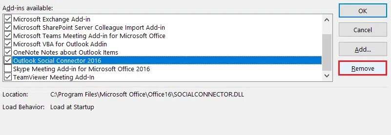select-Remove-in-COM-Add-ins-to-delete-add-ins-in-Outlook-options-801x277 إصلاح عدم فتح تطبيق Outlook في Windows 10