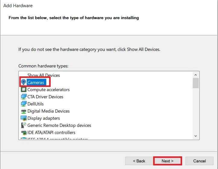 select-cameras-from-the-list-and-click-next--723x562 إصلاح عدم اكتشاف كاميرا الكمبيوتر المحمول في Windows 10