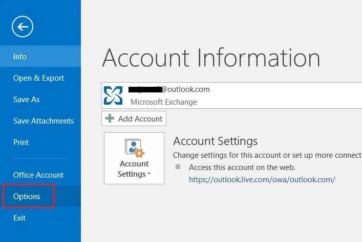 select-or-click-on-options-in-File-menu-in-outlook-707x474 إصلاح عدم فتح تطبيق Outlook في Windows 10