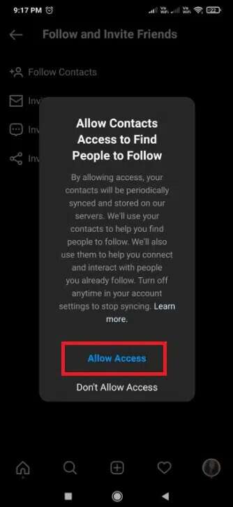 select-the-allow-access-option-334x726 كيفية البحث عن شخص ما على Instagram برقم الهاتف