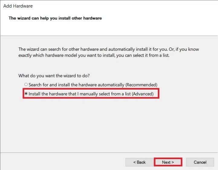 select-the-option-install-hardware-that-i-manually-721x562 إصلاح عدم اكتشاف كاميرا الكمبيوتر المحمول في Windows 10