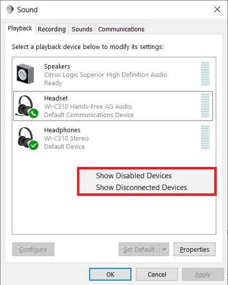 select-the-options-show-disabled-devices-and-show-465x582 إصلاح خطأ عدم تثبيت أجهزة الصوت على Windows 10