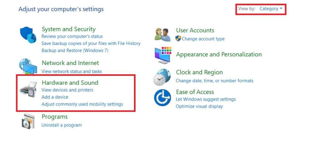 set-the-view-by-as-category-at-the-top-of-the-wind-1024x458-1-1024x458 إصلاح خطأ عدم تثبيت أجهزة الصوت على Windows 10