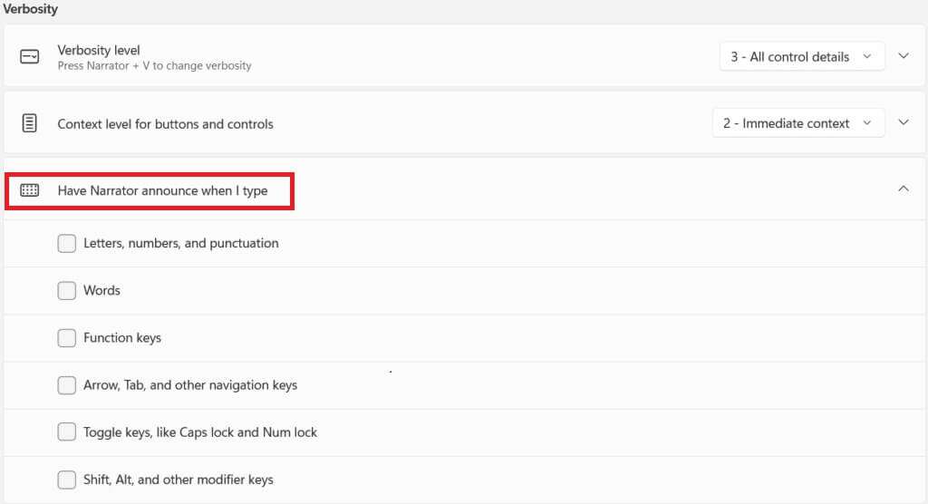 settings-for-narrator-checkboxes-letters-words-keys-1024x556 كيفية تمكين تنبيه Narrator Caps Lock في Windows 11