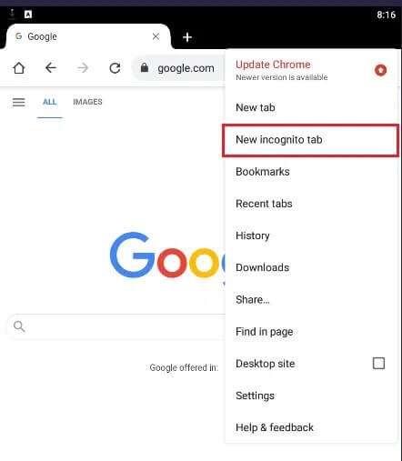 tap-on-New-Incognito-tab-option-in-Google-chrome-android-app-1-442x507 كيفية تمكين وضع التصفح المتخفي في Chrome