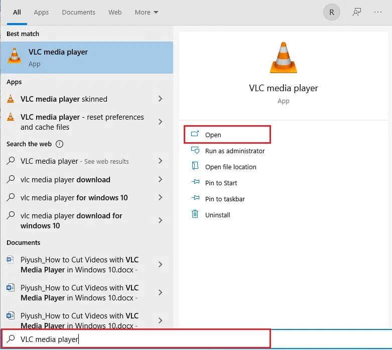 type-vlc-media-player-and-click-open-on-the-right-781x699 كيفية قص الفيديو في Windows 10 باستخدام VLC