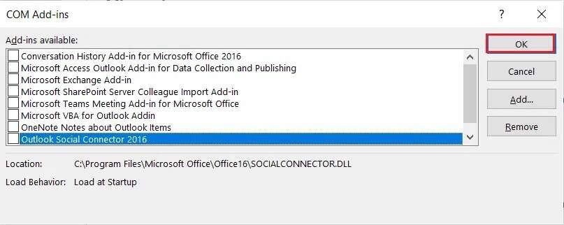 ucheck-all-COM-add-ins-and-click-OK-807x322 إصلاح عدم فتح تطبيق Outlook في Windows 10