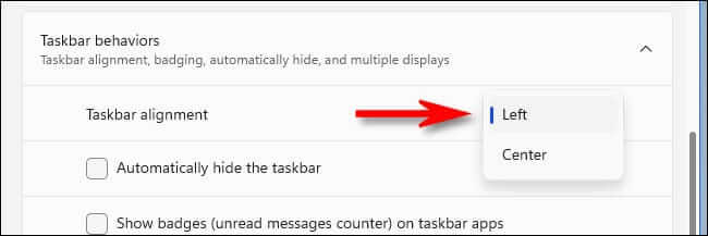 win11_taskbar_choose_left-650x217 كيفية نقل شريط مهام Windows 11 إلى أعلى الشاشة