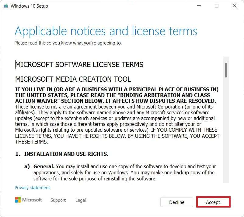 windows-10-installation-terms-and-condition-802x712 كيفية الرجوع إلى إصدار أقدم من Windows 11 إلى Windows 10