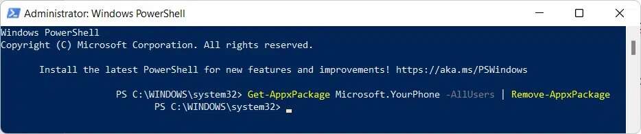 windows-powershell-command-to-uninstall-your-phone-934x195 كيفية تعطيل تطبيق Your Phone على Windows 11