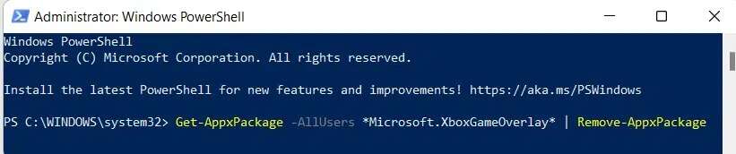 windows-powershell-window-2-821x172 كيفية تعطيل Xbox Game Bar على Windows 11